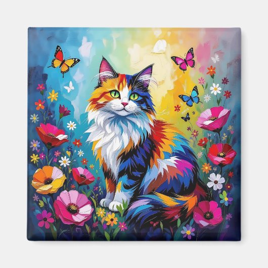 カラフルな厚塗り猫と花 マグネット (正面)