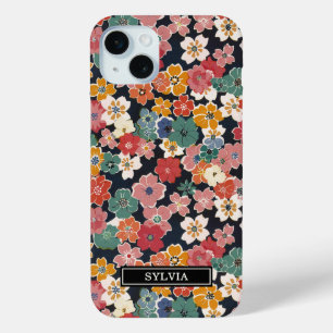 カラフルな和風花柄モノグラム iPhone 15 MINIケース
