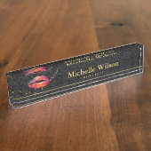 カラフルな唇のヘアーサロンとの贅沢で暗い花柄 デスクネームプレート (側面)