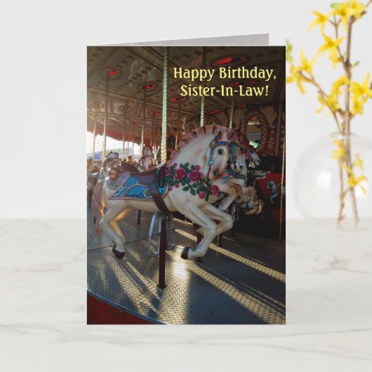 カラフルな回転木馬の馬/義理の姉妹の誕生日 カード (黄色い花)