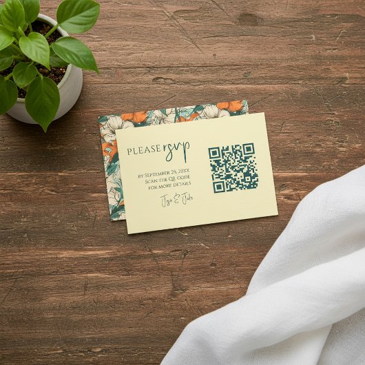 カラフルな夏の花のQRコード、結婚式のRSVP エンクロージャーカード