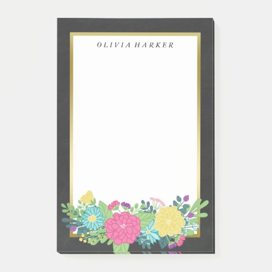 カラフルな夏の花及びフェイクな金ゴールドの名前をカスタムする ポストイット (正面)