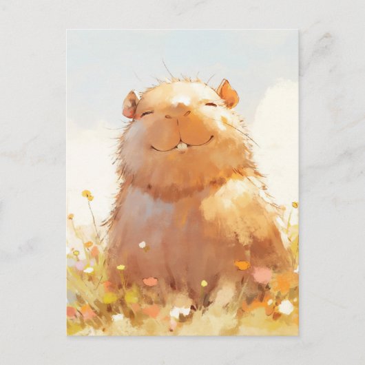 カラフルな夏の野花の草原のカピバラ ポストカード (正面)