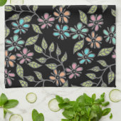 カラフルな多色花柄のブラックティータオル キッチンタオル (折り畳み)