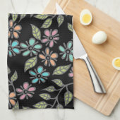カラフルな多色花柄のブラックティータオル キッチンタオル (四つ折り)