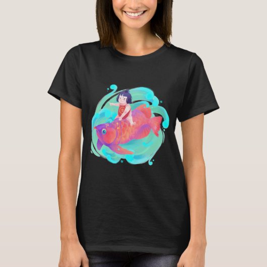 カラフルな女の子と魚 Tシャツ (正面)