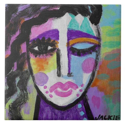 カラフルな女性の抽象的な肖像画 タイル (正面)