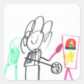 カラフルな子供のスティックフィギュア描き絵 スクエアシール (正面)