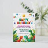 カラフルな子供の恐竜の誕生日パーティー ポストカード (スタンド正面)