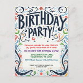 カラフルな子供の誕生日パーティー招待状 ポストカード (正面)