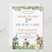 カラフルな子供の野生動物サファリパーティーバースデー 招待状 (正面)