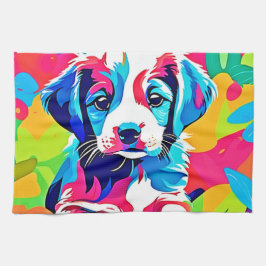 カラフルな子犬のアートワーク キッチンタオル