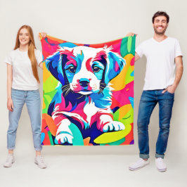 カラフルな子犬のアート作品 フリースブランケット