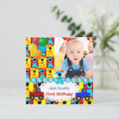 カラフルな子犬の赤ちゃん男の子の1歳の誕生日 招待状 (スタンド正面)