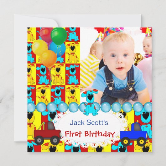 カラフルな子犬の赤ちゃん男の子の1歳の誕生日 招待状 (正面)