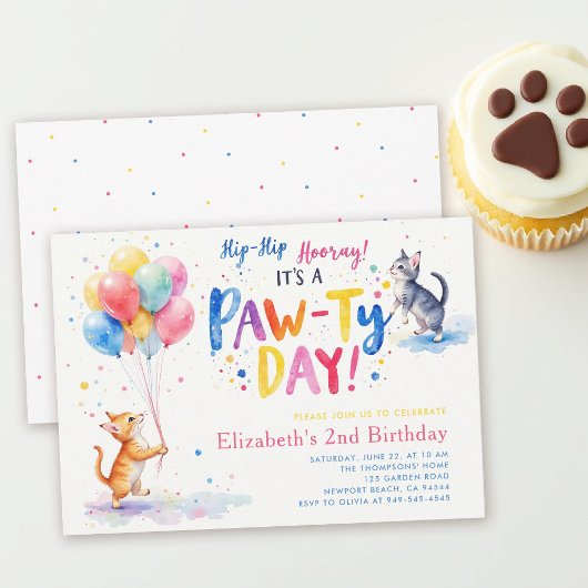 カラフルな子猫と風船の猫パーティー 誕生日 招待状