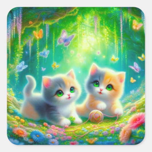 カラフルな子猫ステッカー スクエアシール (正面)