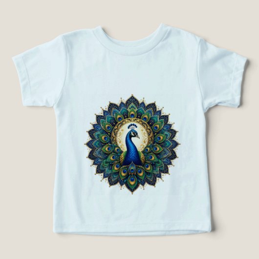 カラフルな孔雀の曼荼羅の子供用Tシャツ | 華やか (デザイン正面)
