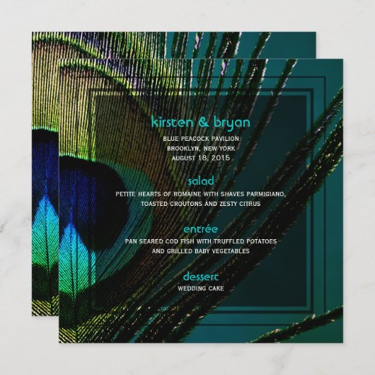 カラフルな孔雀の羽の写真のBohoのシックな結婚式 メニュー (正面/裏面)