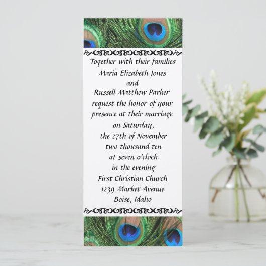 カラフルな孔雀の羽の結婚式招待状 招待状 (スタンド正面)