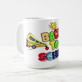 カラフルな学校モチーフのカートゥーン デザイン コーヒーマグカップ (正面左)