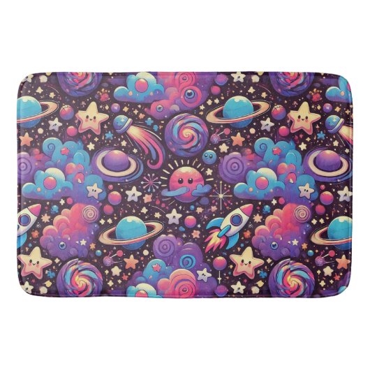 カラフルな宇宙シーンとキャラクターの惑星 バスマット (正面)