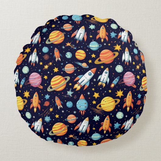 カラフルな宇宙探査パターン ラウンドクッション (正面)
