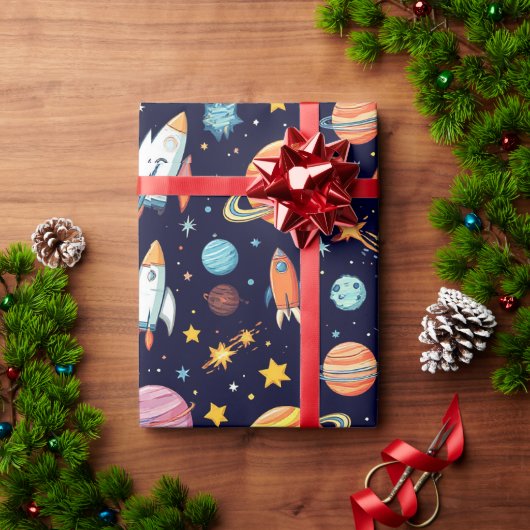 カラフルな宇宙探査パターン ラッピングペーパー (クリスマスギフト)