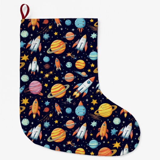 カラフルな宇宙探査パターン ラージクリスマスストッキング (正面)