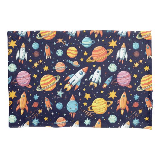 カラフルな宇宙探査パターン 枕カバー (正面)