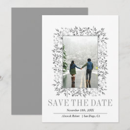 カラフルな実と葉のボーダー グレー ウィンターウェディング セーブザデート