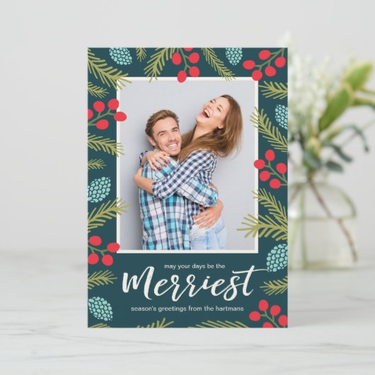 カラフルな実りと松のモダンなクリスマス写真 シーズンカード (スタンド正面)
