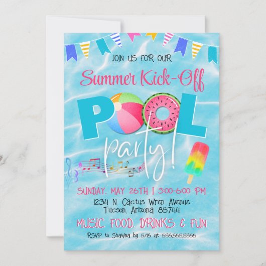 カラフルな家族に優しい夏のプールパーティー 招待状 (正面)