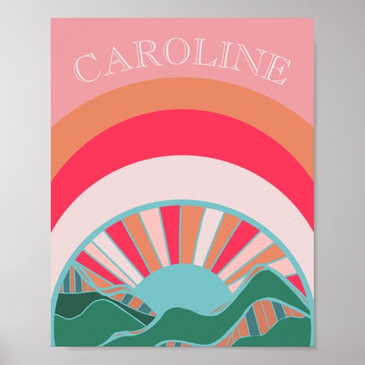 カラフルな山々と夕焼けの少女たち ポスター (正面)