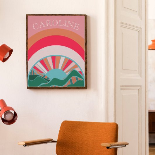 カラフルな山々と夕焼けの少女たち ポスター