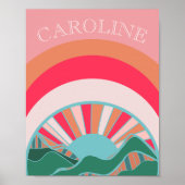 カラフルな山々と夕焼けの少女 ポスター (正面)