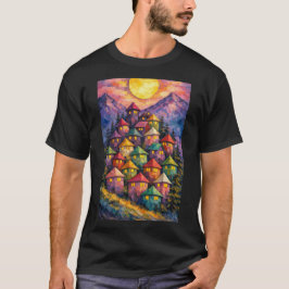 カラフルな山の村 - 華やかな抽象的な大地 Tシャツ