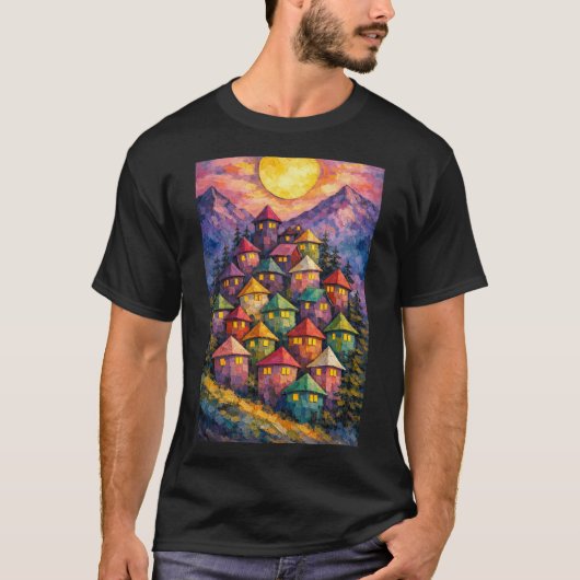 カラフルな山の村 - 華やかな抽象的な大地 Tシャツ (正面)