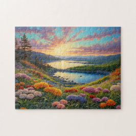 カラフルな山の湖と花のアート ジグソーパズル