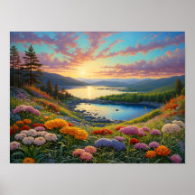 カラフルな山の湖と花のアート