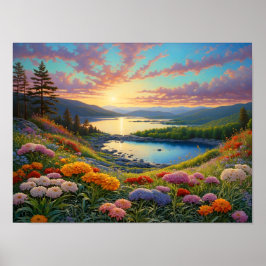 カラフルな山の湖と花のアート ポスター