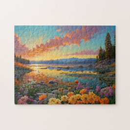 カラフルな山の湖の花のアート ジグソーパズル