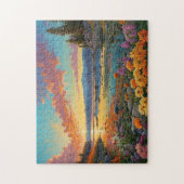 カラフルな山の湖の花のアート ジグソーパズル (縦)