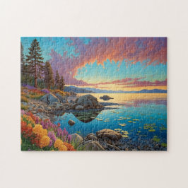 カラフルな山の湖の花のアート ジグソーパズル