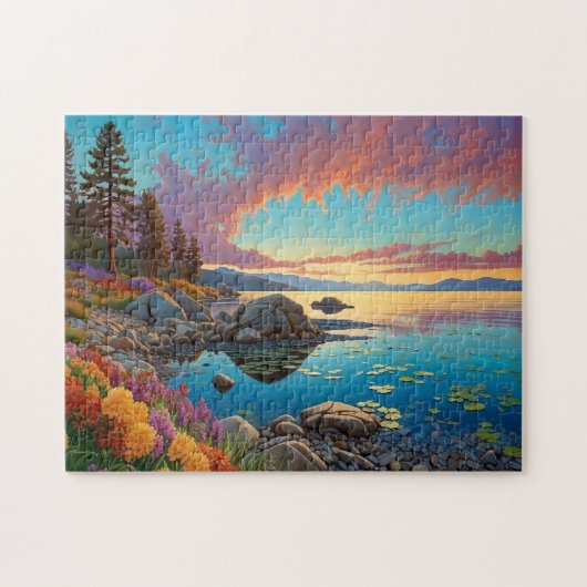 カラフルな山の湖の花のアート ジグソーパズル (横)
