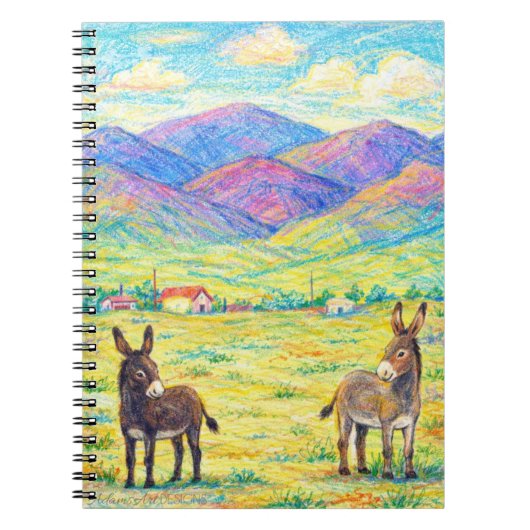 カラフルな山の牧場のロバのアート ノートブック (正面)