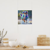 カラフルな巨大な幸せな遊び心のある面白い犬が、バシャッと飛び込んだ ポスター (キッチン)