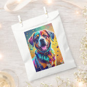 カラフルな巨大な幸せな遊び心のある面白い犬が、ピチャッと水を跳ねさせる フェイバーバッグ (クリップ留めされた状態)