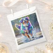 カラフルな巨大な幸せな遊び心のある面白い犬が、ピチャッと水を跳ねさせる フェイバーバッグ (クリップ留めされた状態)