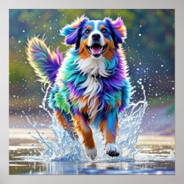 カラフルな巨大な幸せな遊び心のある面白い犬が、ピチャッと水を跳ねさせる ポスター